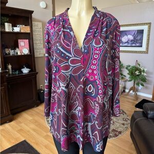 Charter Club red, gray & black long sleeve Vneck silky blouse-size 1X